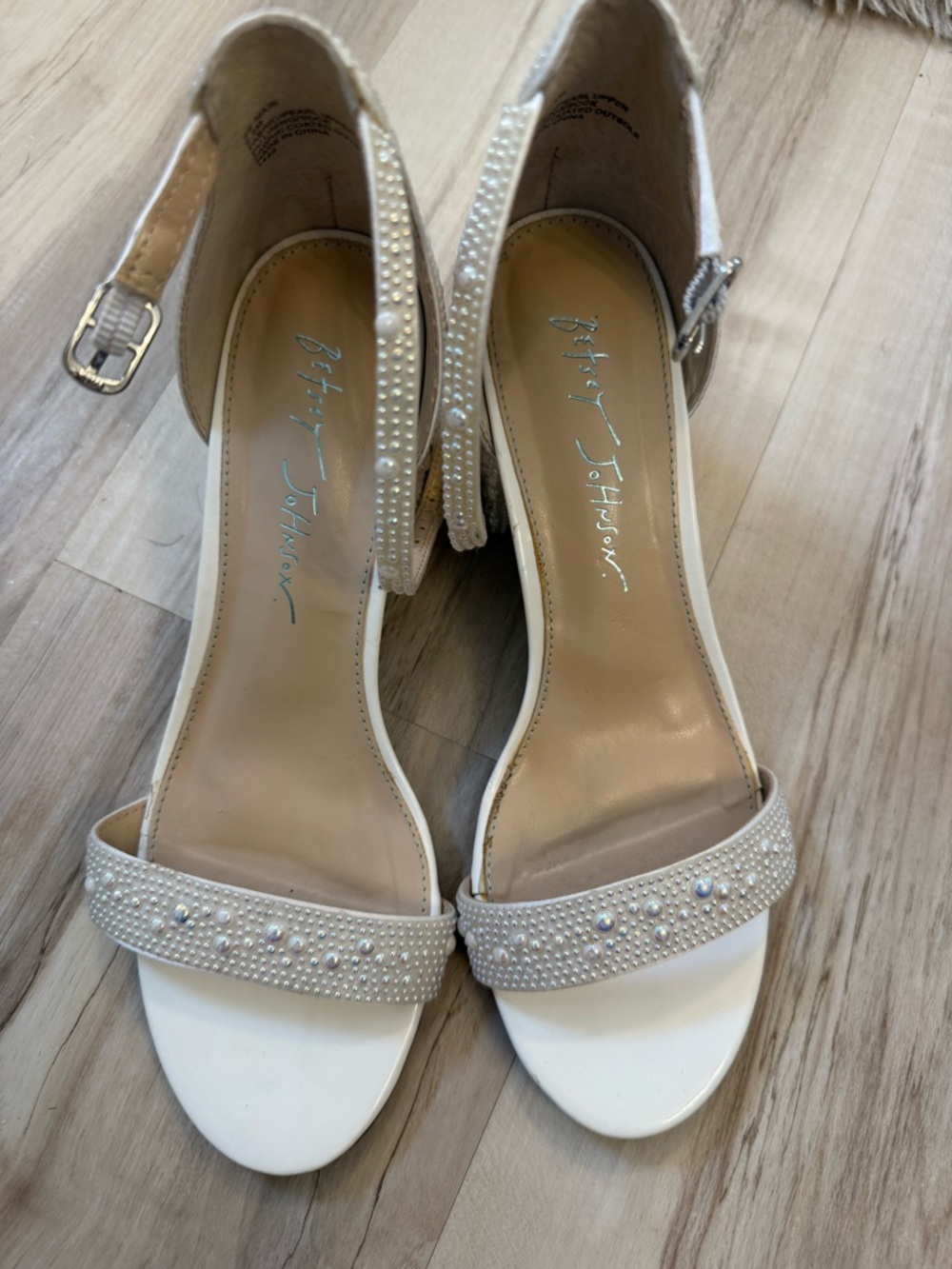 Betsey Johnson Pearl-Embellished Ivory Open-Toe Ankle Strap Heels